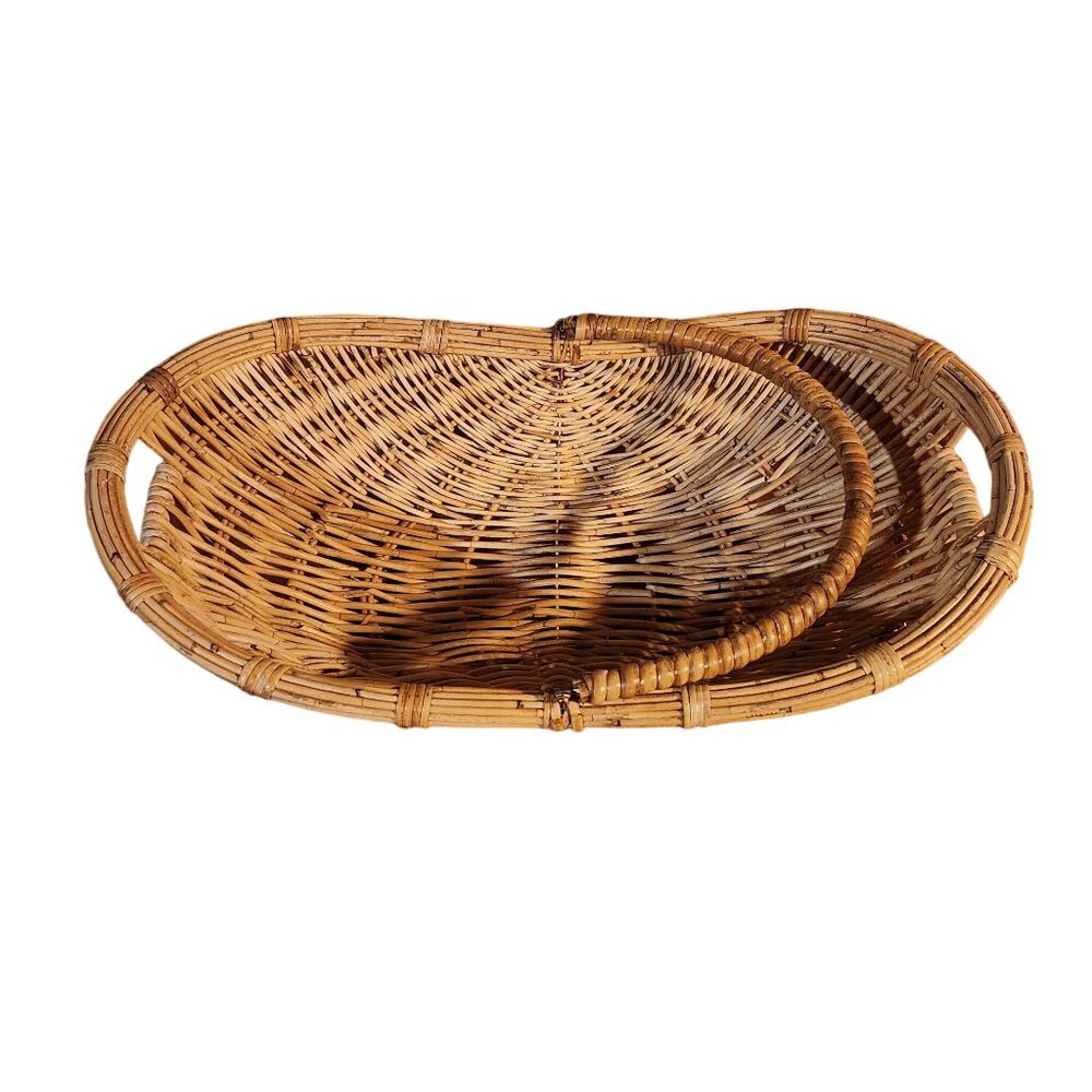 Large Vintage Rattan Woven Basket With Handle Cottage Rustic Cabin